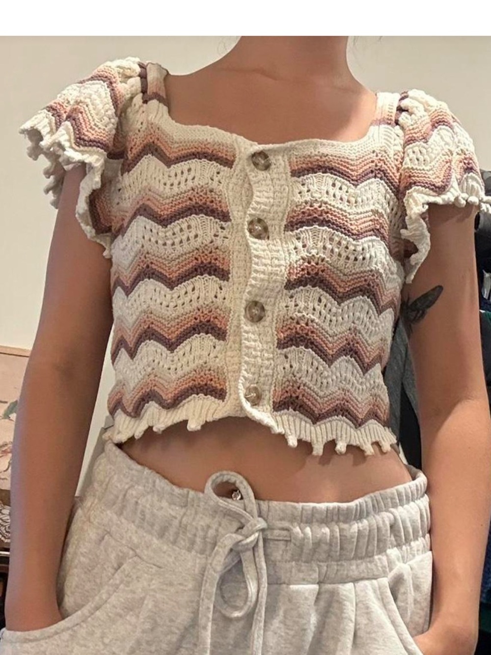 Magnolia Boutique Crochet Chevron Button-Front Crop Top - Cream & Multi, M
